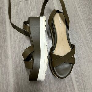 Gianni Bini Dartann Olive Green Platform Sandals with ankle strap.